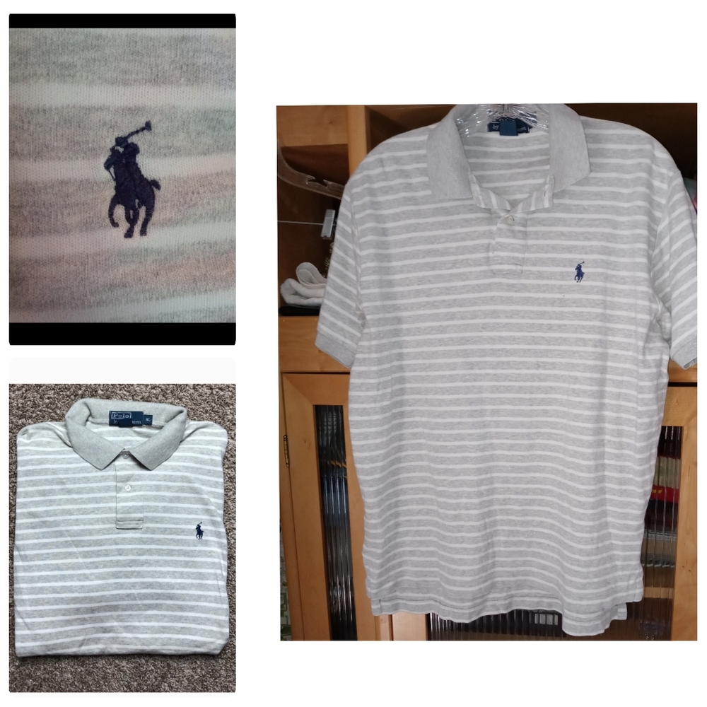 POLO Ralph Lauren Short-Sleeve Polo Shirt in Gray/White Size Medium Blue Logo●